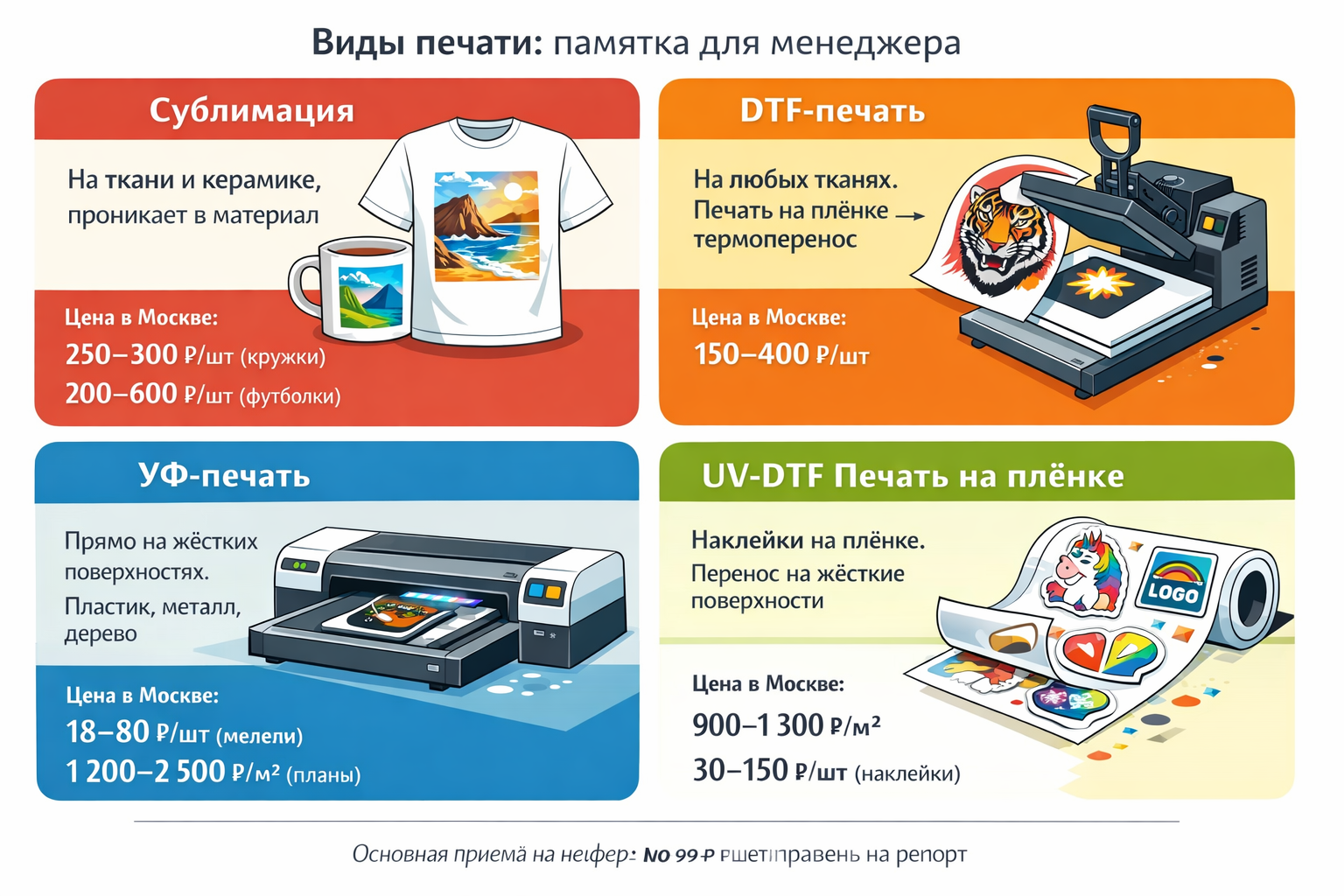Инфографика: виды печати (сублимация, DTF, УФ, UV-DTF)